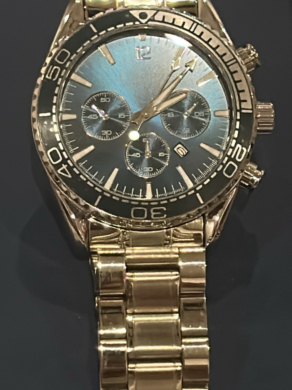 Gold Tone Chronograph Watch with Blue Dial